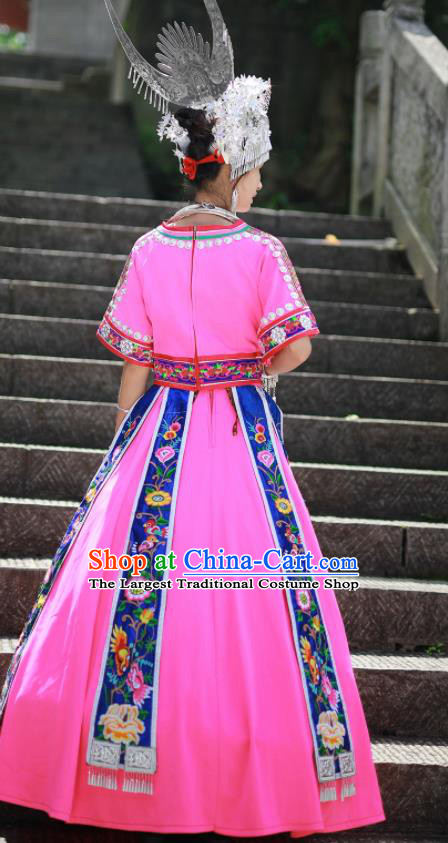 Chinese Hmong Minority Stage Performance Pink Dress Xiangxi Ethnic Festival Outfits Miao Nationality Wedding Bride Clothing and Headdress