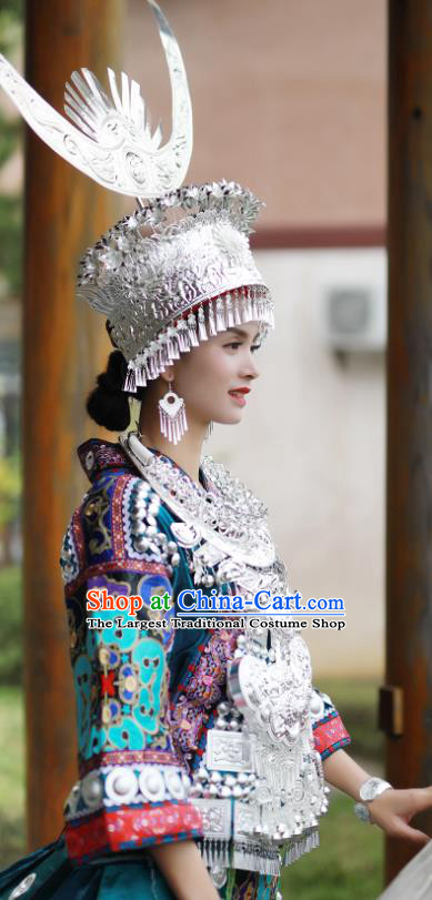 Chinese Ethnic Performance Outfits Hmong Nationality Woman Clothing Guizhou Festival Dance Garments Miao Minority Folk Dance Blue Dress and Headdress