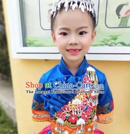 China Ethnic Children Performance Costumes She Minority Kids Dance Dress Uniforms Yi Nationality Girl Apparels and Hair Accessories