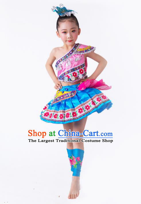 China She Minority Kids Dance Dress Uniforms Yi Nationality Girl Apparels Ethnic Children Performance Costumes