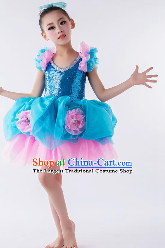 China Modern Dance Fashion Chorus Performance Costume Girl Dance Clothing Children Compere Blue Dress
