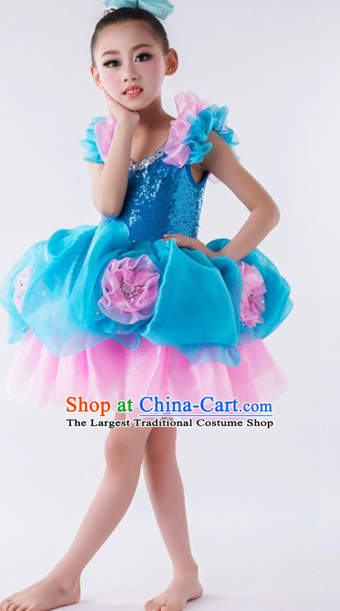 China Modern Dance Fashion Chorus Performance Costume Girl Dance Clothing Children Compere Blue Dress