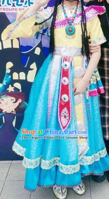 China Tibetan Nationality Children Performance Garments Xizang Ethnic Girl Folk Dance Blue Dress Zang Minority Festival Costumes