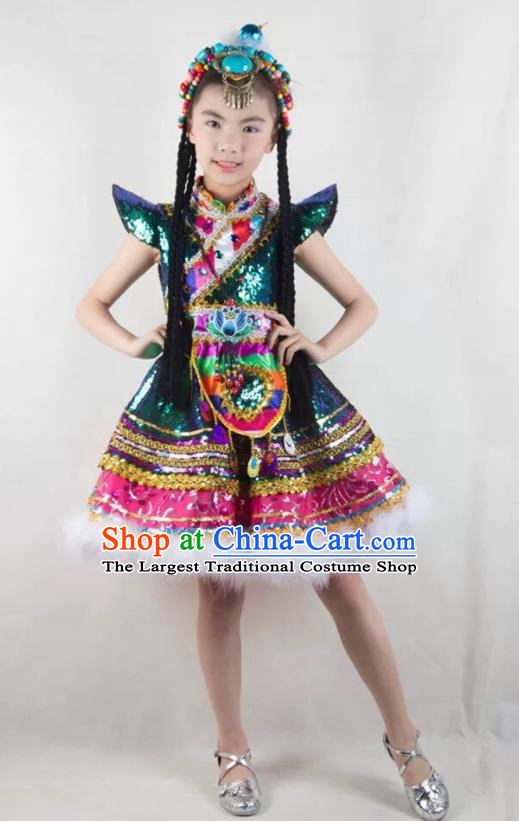 China Ethnic Folk Dance Costumes Zang Minority Children Dress Uniforms Tibetan Nationality Girl Performance Apparels