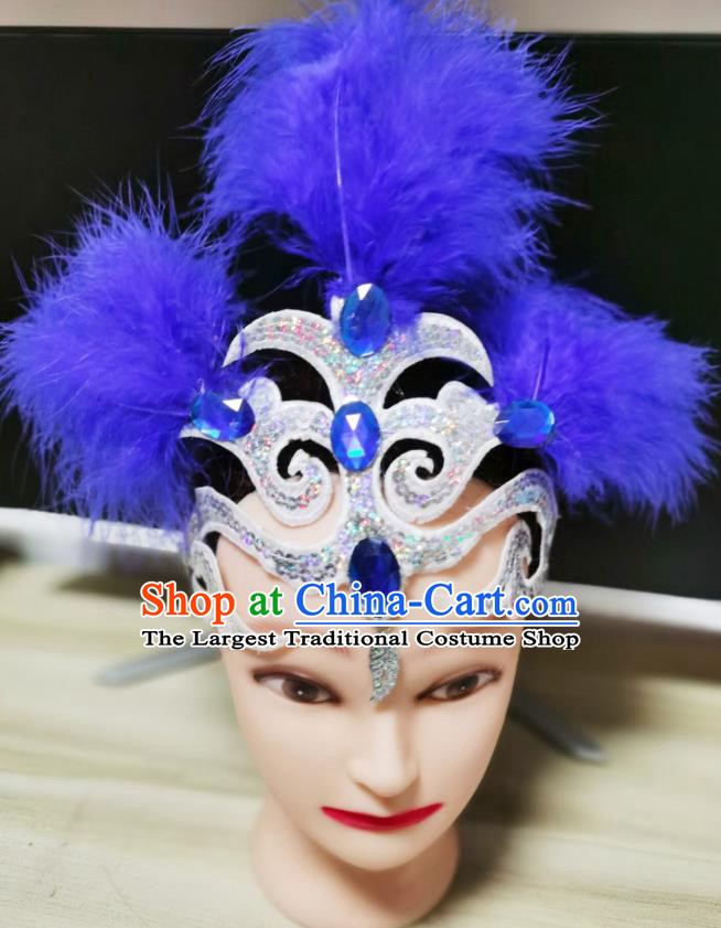Chinese Opening Dance Hair Crown Woman Dance Blue Feather Headpiece Stage Performance Headdress Classical Dance Hair Accessories