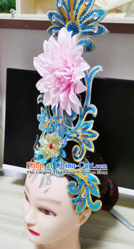 Chinese Woman Group Dance Hair Accessories Stage Performance Headdress Modern Dance Headpiece Opening Dance Pink Peony Hair Crown