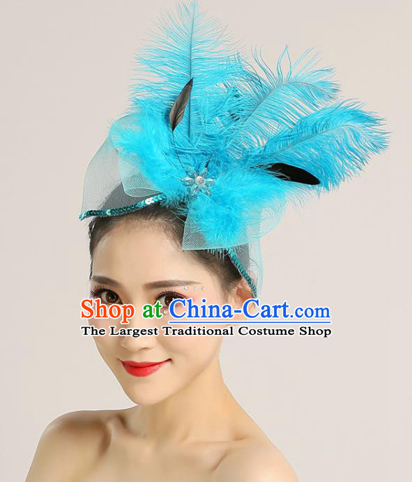 Professional Folk Dance Headdress Yangko Dance Headpiece Modern Dance Hair Accessories Fan Dance Blue Feather Hair Stick