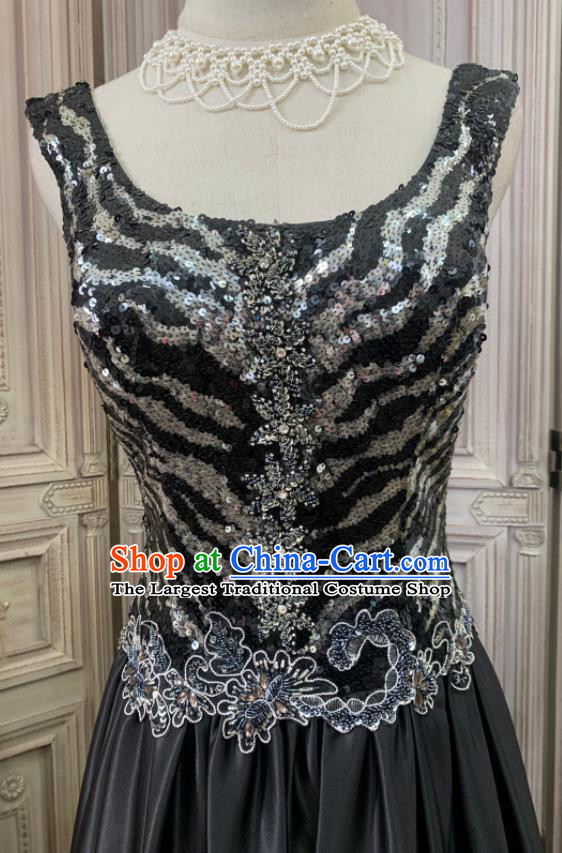 Vintage Annual Meeting Formal Attire Black Sequins Full Dress Ballroom Dance Clothing European Party Garment Costume
