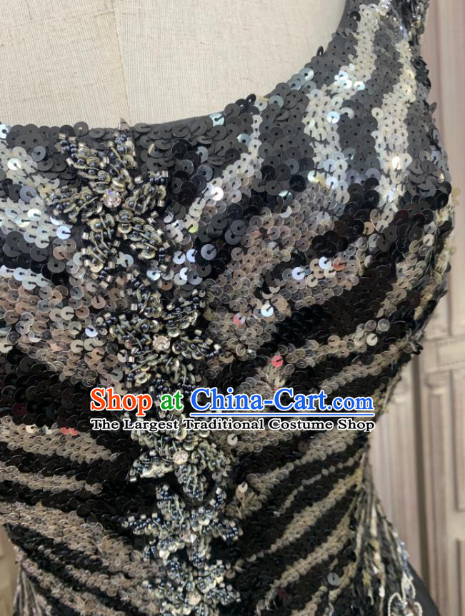 Vintage Annual Meeting Formal Attire Black Sequins Full Dress Ballroom Dance Clothing European Party Garment Costume