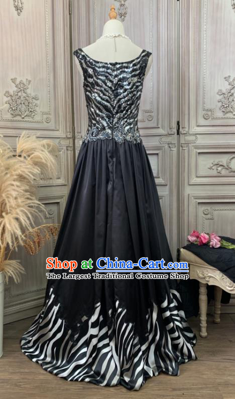 Vintage Annual Meeting Formal Attire Black Sequins Full Dress Ballroom Dance Clothing European Party Garment Costume