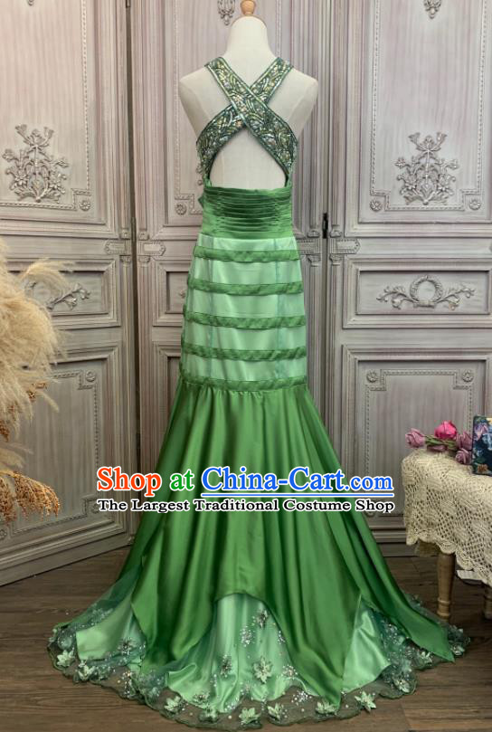 Top Annual Meeting Formal Attire Wedding Green Trailing Full Dress Waltz Dance Embroidery Sequins Clothing European Vintage Garment Costume