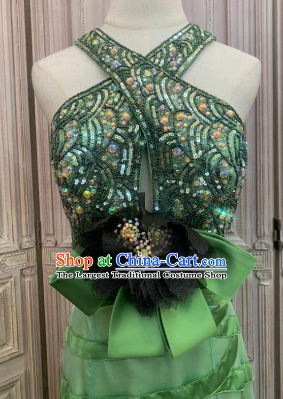 Top Annual Meeting Formal Attire Wedding Green Trailing Full Dress Waltz Dance Embroidery Sequins Clothing European Vintage Garment Costume