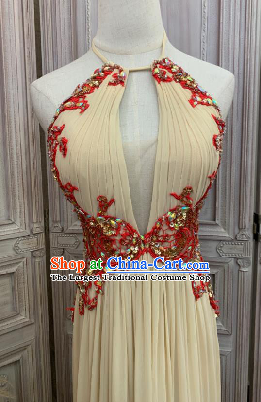 Top European Vintage Garment Costume Annual Meeting Formal Attire Wedding Beige Full Dress Waltz Dance Embroidery Sequins Clothing
