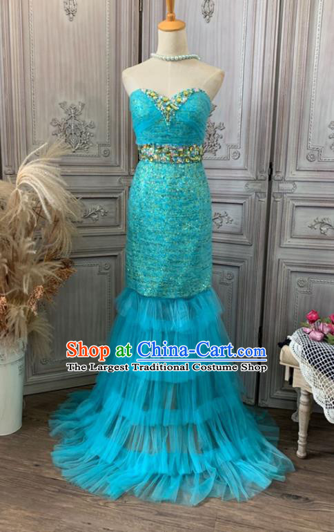 Top Wedding Blue Veil Fishtail Full Dress Waltz Dance Clothing European Princess Garment Costume Annual Meeting Formal Attire