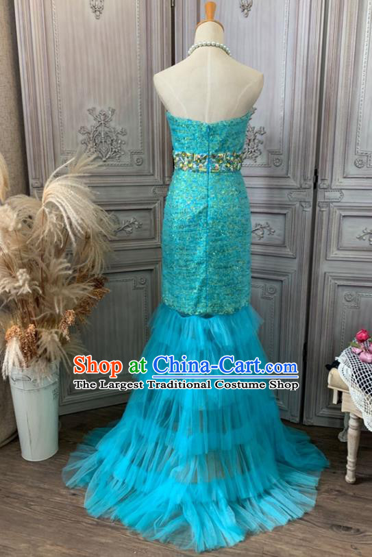 Top Wedding Blue Veil Fishtail Full Dress Waltz Dance Clothing European Princess Garment Costume Annual Meeting Formal Attire
