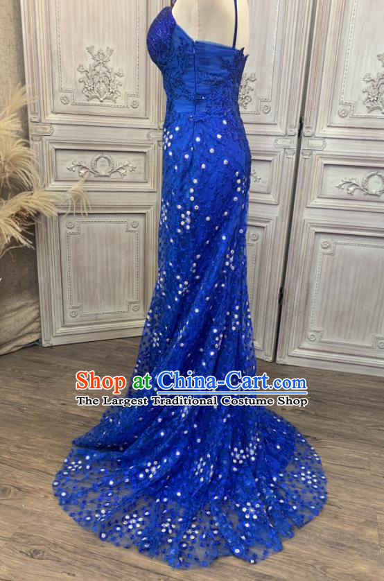 Top European Court Garment Costume Annual Meeting Formal Attire Wedding Royalblue Lace Full Dress Compere Performance Clothing