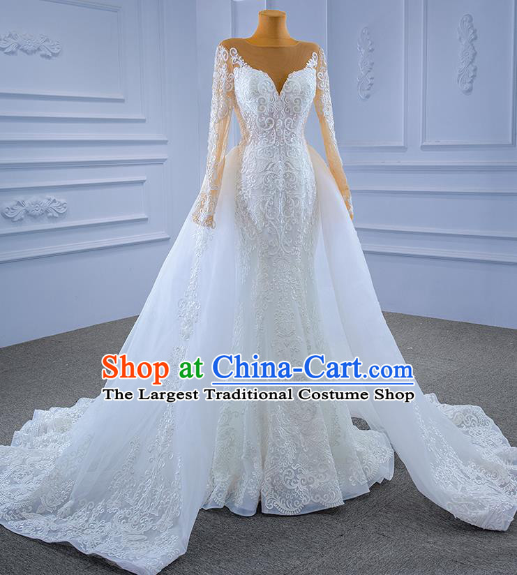Custom Wedding Dress Bride White Veil Trailing Dress Stage Performance Garment Costume Lace Bridal Gown