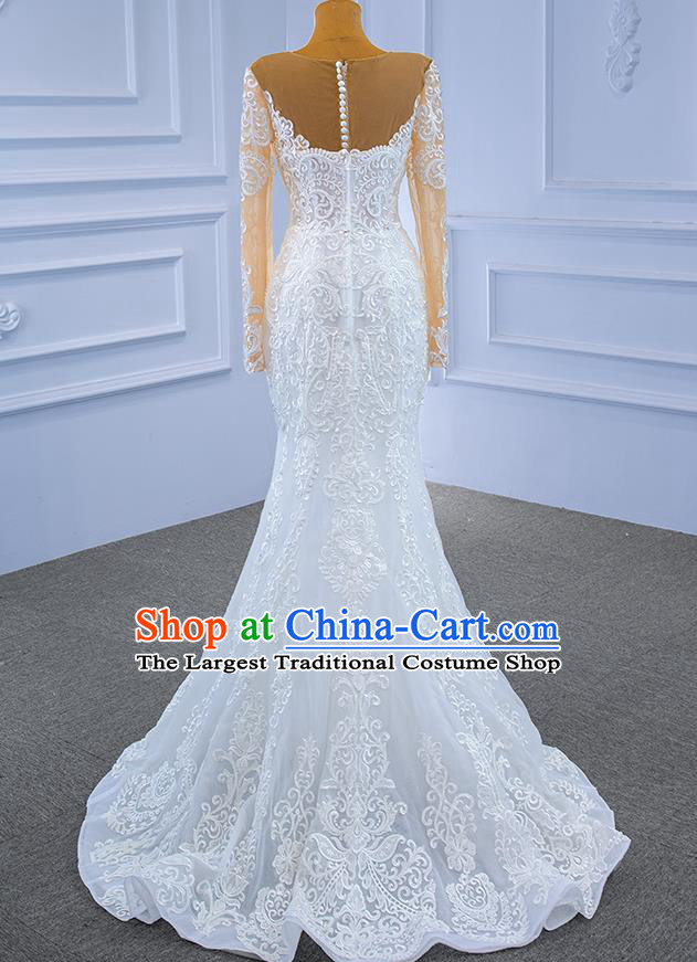 Custom Wedding Dress Bride White Veil Trailing Dress Stage Performance Garment Costume Lace Bridal Gown