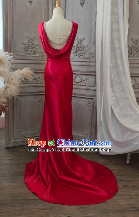 Top Compere Performance Clothing European Bride Garment Costume Annual Meeting Dance Formal Attire Wedding Red Satin Trailing Full Dress
