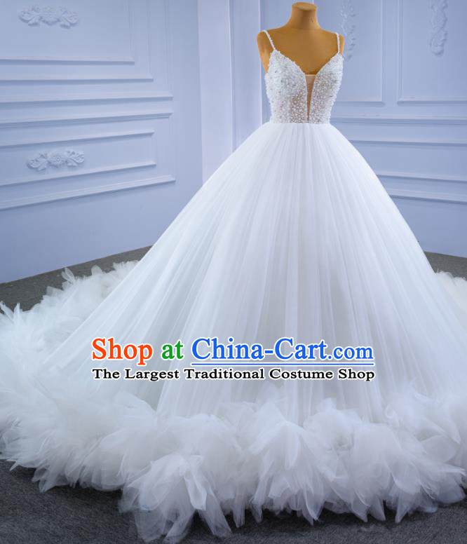 Custom Wedding Dress Formal Garment Bride White Veil Trailing Dress Stage Performance Costume Luxury Bridal Gown