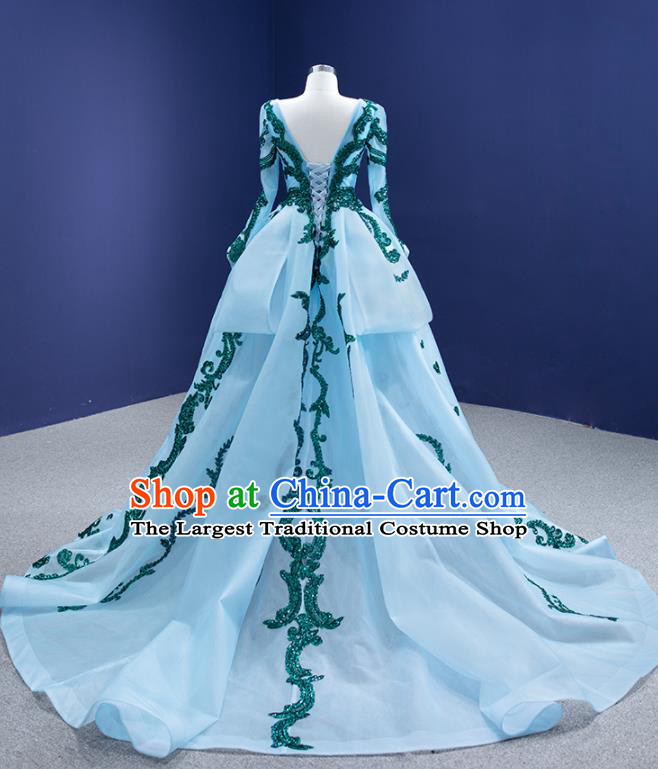Custom Bride Light Blue Trailing Dress Stage Performance Costume Luxury Bridal Gown Wedding Dress Ceremony Formal Garment