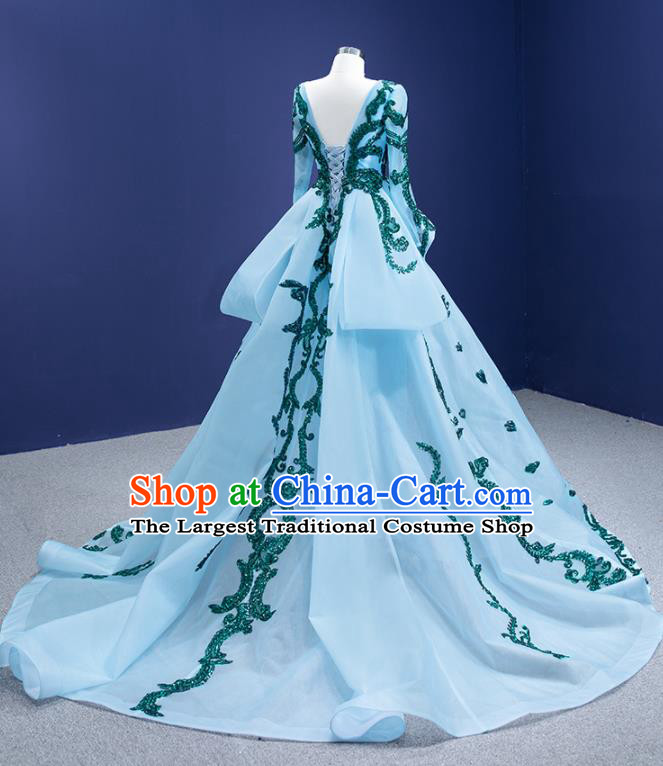 Custom Bride Light Blue Trailing Dress Stage Performance Costume Luxury Bridal Gown Wedding Dress Ceremony Formal Garment