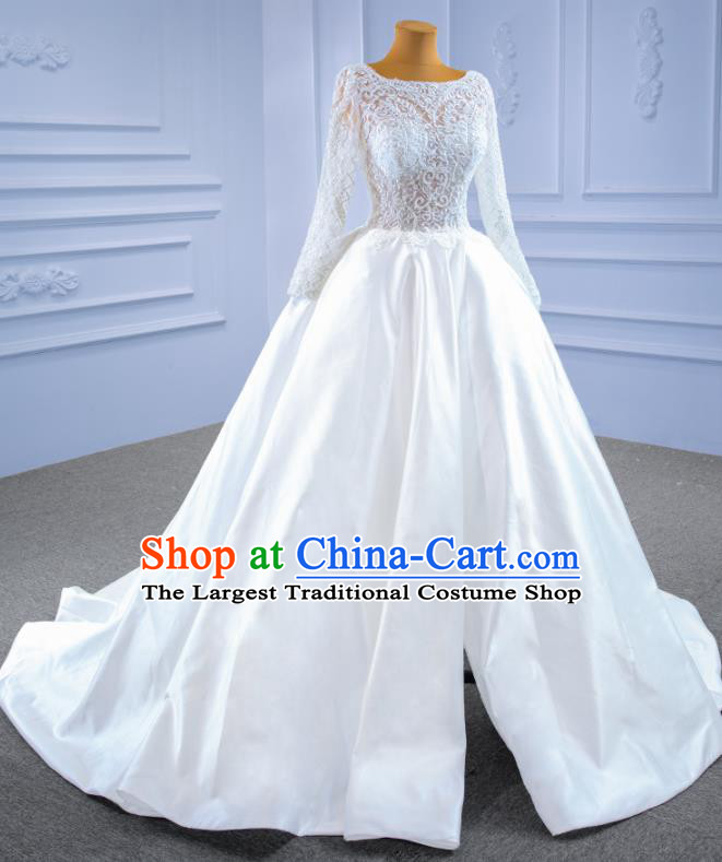 Custom Lace Wedding Dress Ceremony Formal Garment Bride White Satin Trailing Dress Stage Performance Costume Luxury Bridal Gown