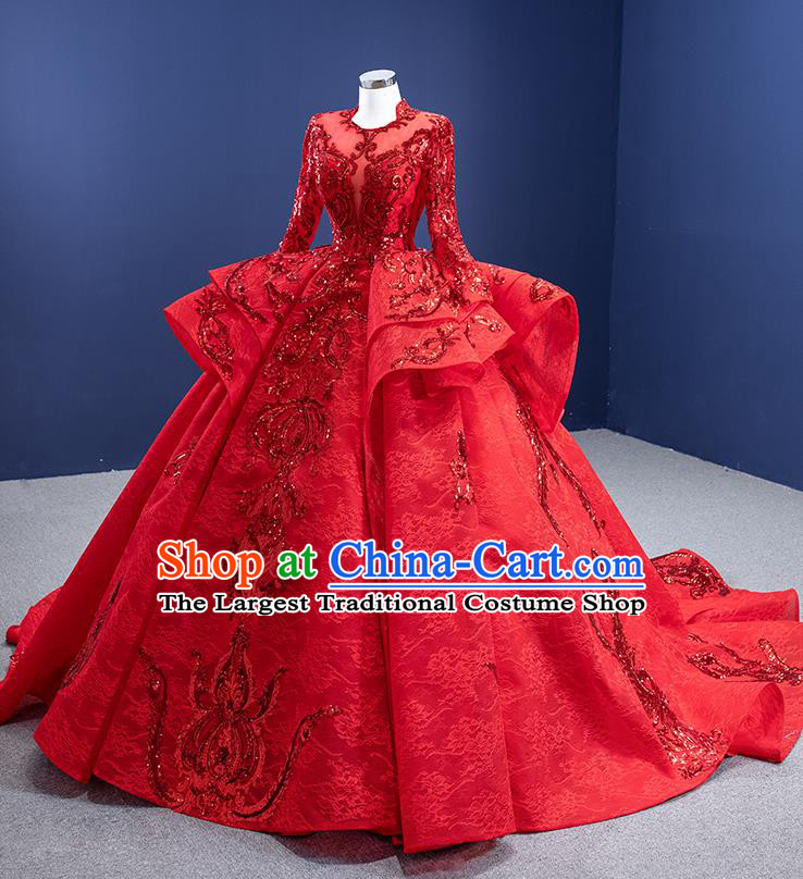 Custom Stage Show Costume Luxury Bridal Gown Embroidery Sequins Wedding Dress Ceremony Formal Garment Bride Red Trailing Dress