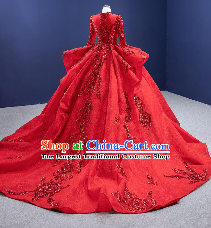 Custom Stage Show Costume Luxury Bridal Gown Embroidery Sequins Wedding Dress Ceremony Formal Garment Bride Red Trailing Dress