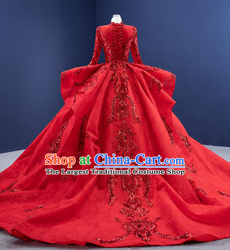 Custom Stage Show Costume Luxury Bridal Gown Embroidery Sequins Wedding Dress Ceremony Formal Garment Bride Red Trailing Dress
