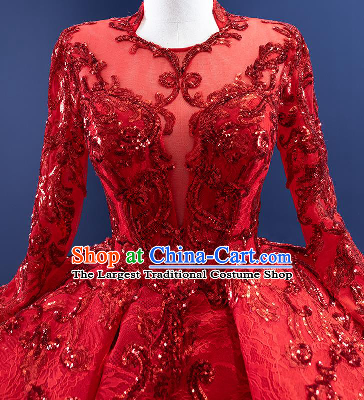 Custom Stage Show Costume Luxury Bridal Gown Embroidery Sequins Wedding Dress Ceremony Formal Garment Bride Red Trailing Dress