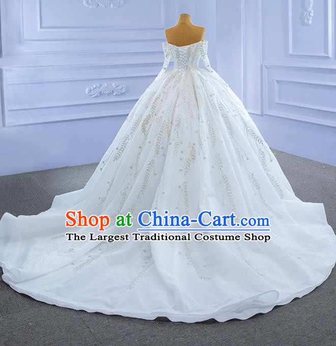Custom Ceremony Formal Garment Bride White Trailing Dress Stage Show Costume Luxury Bridal Gown Embroidery Sequins Wedding Dress