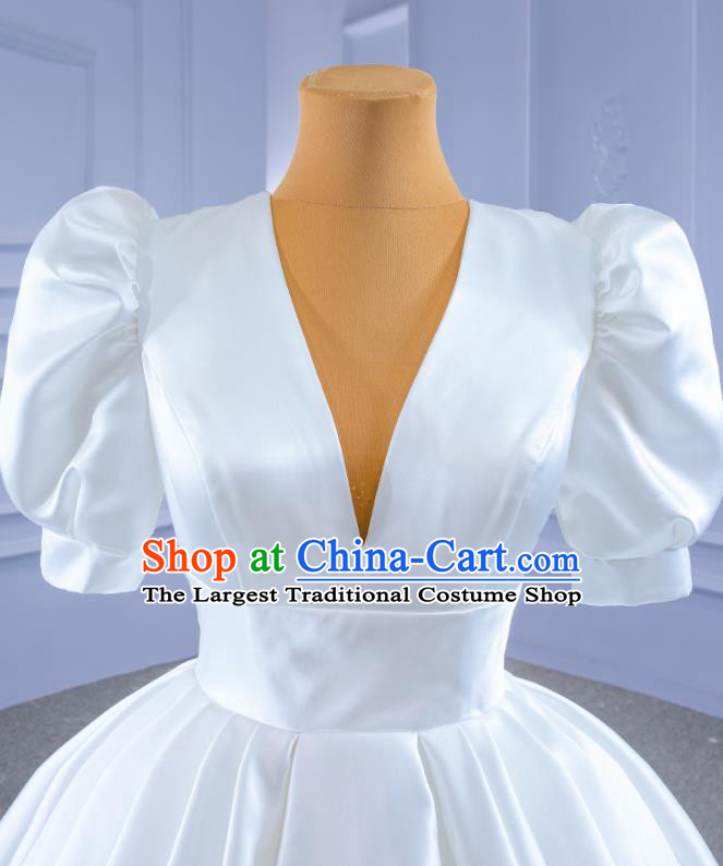 Custom Luxury Bridal Gown Vintage White Satin Wedding Dress Ceremony Formal Garment Bride Long Trailing Dress Stage Show Costume