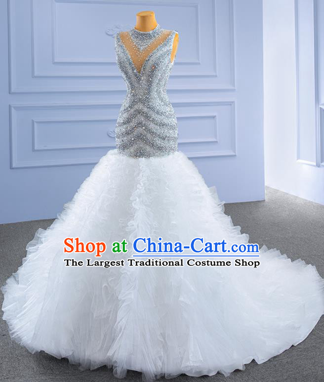 Custom Stage Show Costume Luxury Trailing Bridal Gown Vintage Diamante Wedding Dress Ceremony Formal Garment Bride Full Dress