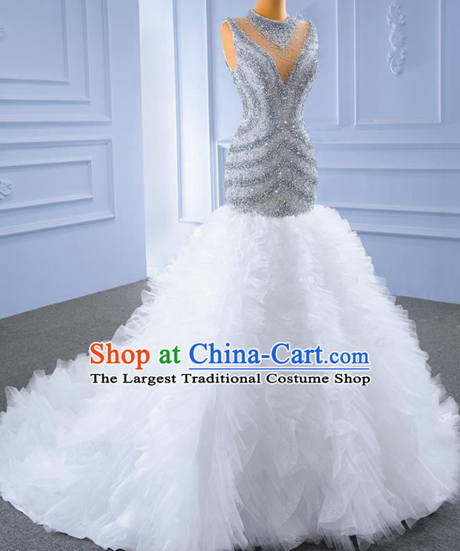 Custom Stage Show Costume Luxury Trailing Bridal Gown Vintage Diamante Wedding Dress Ceremony Formal Garment Bride Full Dress