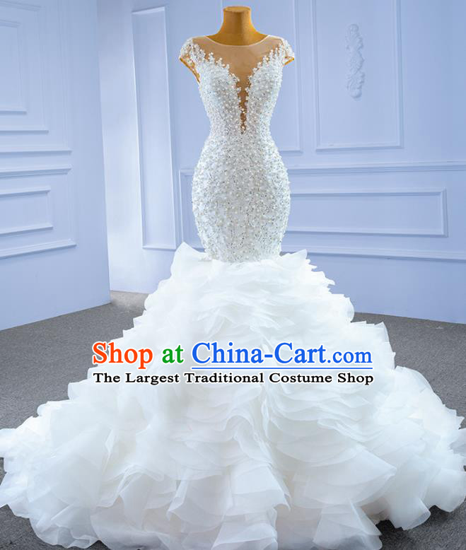 Custom Bride Trailing Full Dress Stage Show Costume Luxury Fishtail Bridal Gown Vintage Embroidery Beads Wedding Dress Ceremony Formal Garment