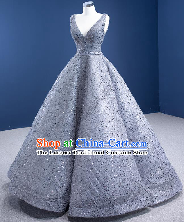 Custom Stage Show Costume Luxury Compere Clothing Vintage Grey Sequins Wedding Dress Ceremony Formal Garment Bride Full Dress