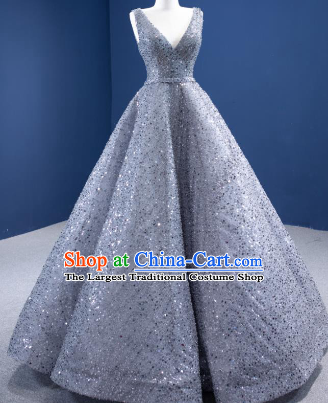 Custom Stage Show Costume Luxury Compere Clothing Vintage Grey Sequins Wedding Dress Ceremony Formal Garment Bride Full Dress
