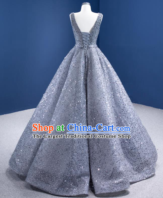 Custom Stage Show Costume Luxury Compere Clothing Vintage Grey Sequins Wedding Dress Ceremony Formal Garment Bride Full Dress