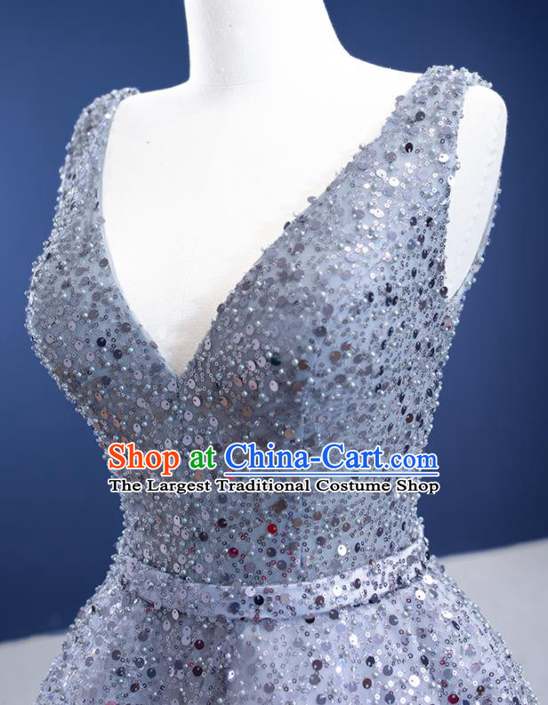 Custom Stage Show Costume Luxury Compere Clothing Vintage Grey Sequins Wedding Dress Ceremony Formal Garment Bride Full Dress