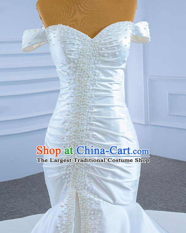 Custom Vintage White Satin Trailing Wedding Dress Ceremony Formal Garment Bride Embroidery Pearls Full Dress Stage Show Costume Luxury Compere Clothing