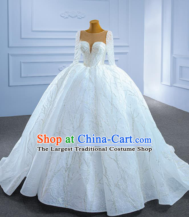 Custom Stage Show Costume Compere Clothing Vintage Luxury Trailing Wedding Dress Ceremony Formal Garment Bride Embroidery Sequins Full Dress