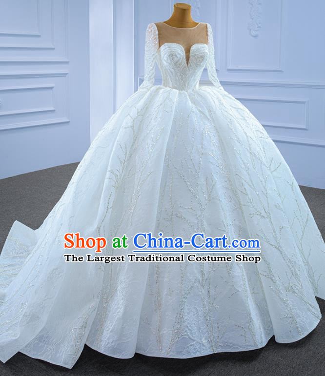 Custom Stage Show Costume Compere Clothing Vintage Luxury Trailing Wedding Dress Ceremony Formal Garment Bride Embroidery Sequins Full Dress