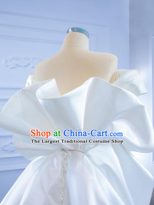 Custom Bride White Satin Full Dress Stage Show Costume Compere Clothing Vintage Luxury Trailing Wedding Dress Ceremony Formal Garment