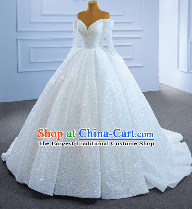 Custom Ceremony Formal Garment Bride Trailing Full Dress Stage Show Costume Compere Clothing Vintage Luxury Embroidery Sequins Wedding Dress