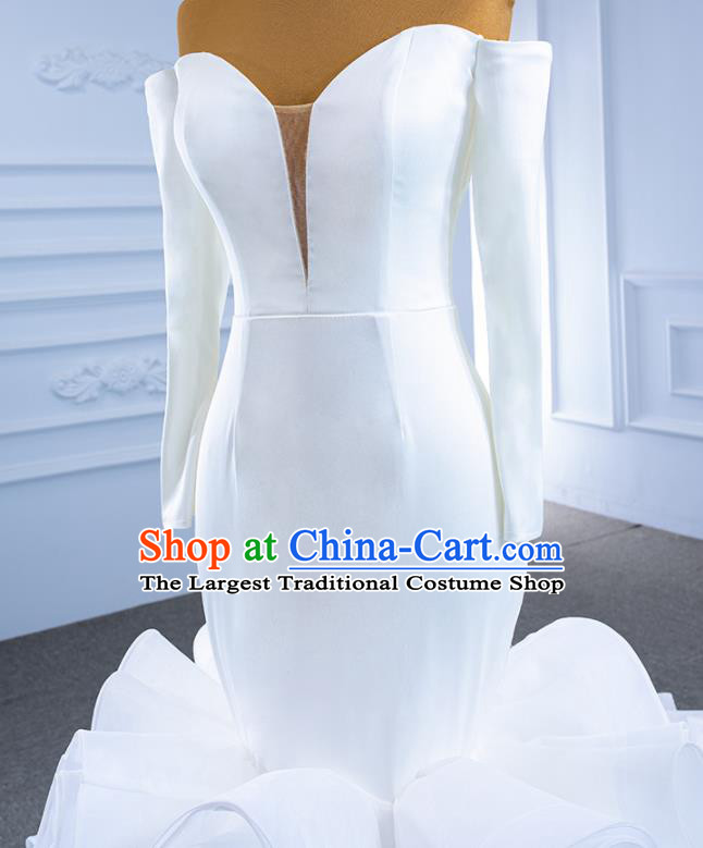 Custom Vintage Luxury White Flowers Trailing Wedding Dress Marriage Ceremony Formal Garment Bride Fishtail Full Dress Catwalks Costume Compere Stage Clothing