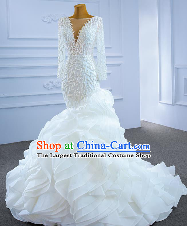 Custom Compere Stage Clothing Vintage Luxury White Flowers Trailing Wedding Dress Marriage Ceremony Formal Garment Bride Embroidery Pearls Full Dress Catwalks Costume