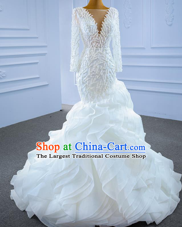 Custom Compere Stage Clothing Vintage Luxury White Flowers Trailing Wedding Dress Marriage Ceremony Formal Garment Bride Embroidery Pearls Full Dress Catwalks Costume