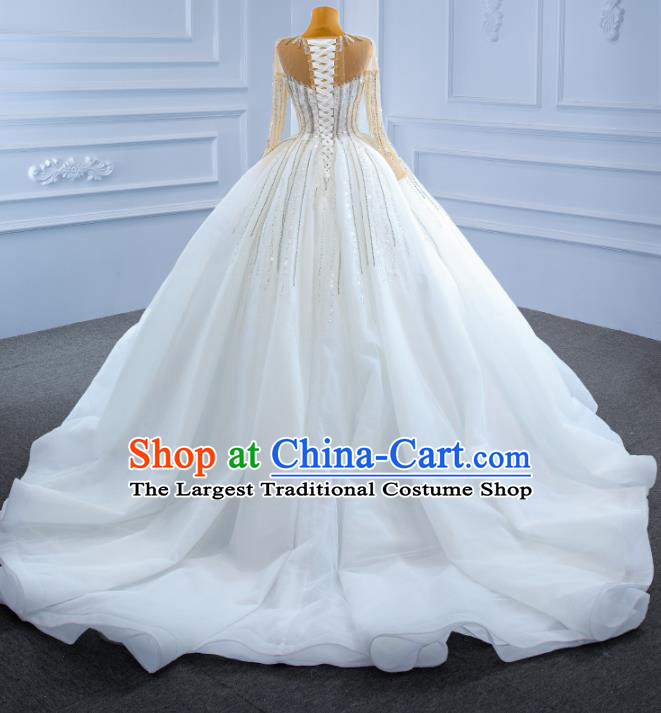 Custom Catwalks Costume Compere Stage Clothing Luxury White Trailing Wedding Dress Marriage Ceremony Formal Garment Bride Vintage Embroidery Sequins Full Dress