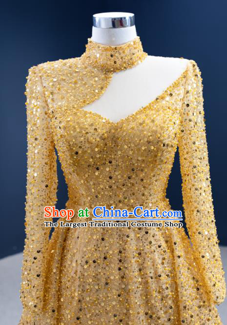 Custom Vintage Luxury Embroidery Sequins Wedding Dress Ceremony Formal Garment Bride Golden Trailing Full Dress Stage Show Costume Compere Clothing